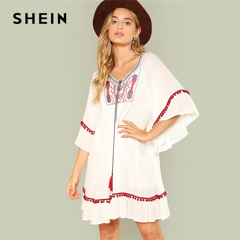 SHEIN Multicolor Vacation Boho Bohemian Beach Tassel Tie Embroidered V Neck Flounce Sleeve Dress