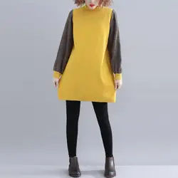 Johnature корейская мода новый вязание длинные свитеры для женщин 2018 осень зима трепал воротник лоскутное плед свободные для
