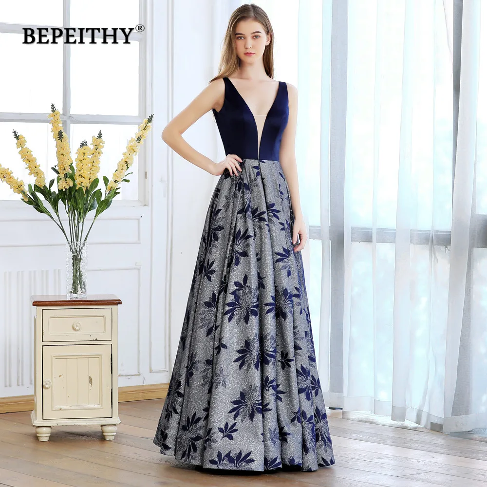 

BEPEITHY 2019 V neck Elegant Long Evening Dress Formal Gown Vestido De Festa Printing Glitter Fabric Sexy Backless Prom Dresses