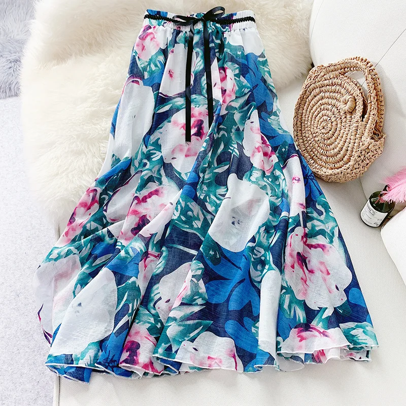 

Women Vintage Floral Print Skirt 2019 New Summer Lady With Bow Casual Medium Long Beach Skirts