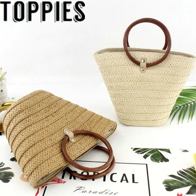 2019 Summer Beach Holiday Straw Bag Drawstring Tote Handbags With Wood Handle Korean Fashion Summer Straw Bag