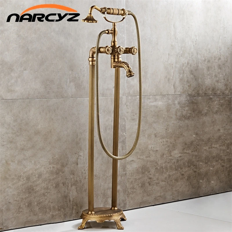 Luxury Antique Brass Bathroom Floor Mounted Free Standing Bathtub Faucet Shower Set Tub Filler Mixer Tap For Bathroom Xt380 Shower Faucets Aliexpress