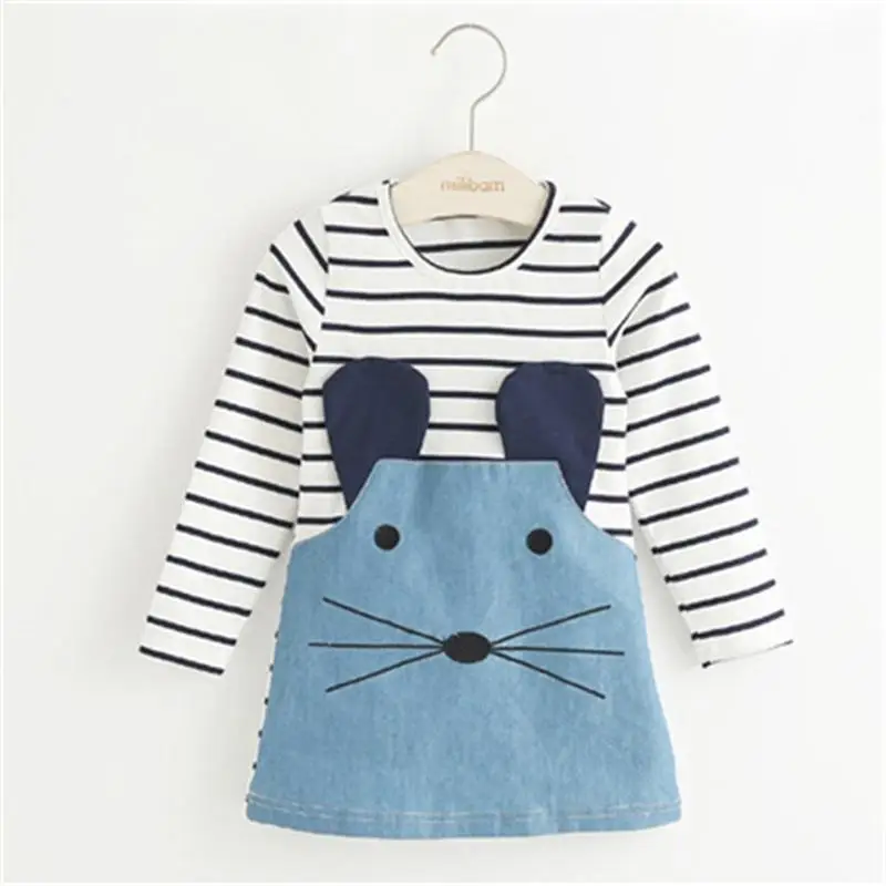 

New 2017 Striped Patchwork Character Girls Dresses Long Sleeve Cute Mouse Dress Children Clothing Girls Dress Denim Kids Clothes