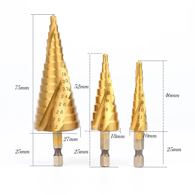 3pcs HSS 4241 HSS spiral flute step Drill Bit Set core drill bit cone Step Drill Bit Set hole cutter 1/4" Hex Shank Step 3pcs HSS 4241 HSS spiral flute step Drill Bit Set core drill bit cone Step Drill Bit Set hole cutter 1/4" Hex Shank Step