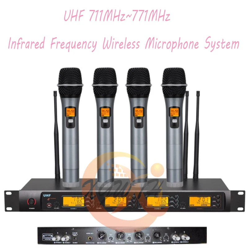 

Professional 4x100 Channel UHF Wireless Infrared Frequency 4 Handheld Microphone System Audio Karaoke Studio Mic