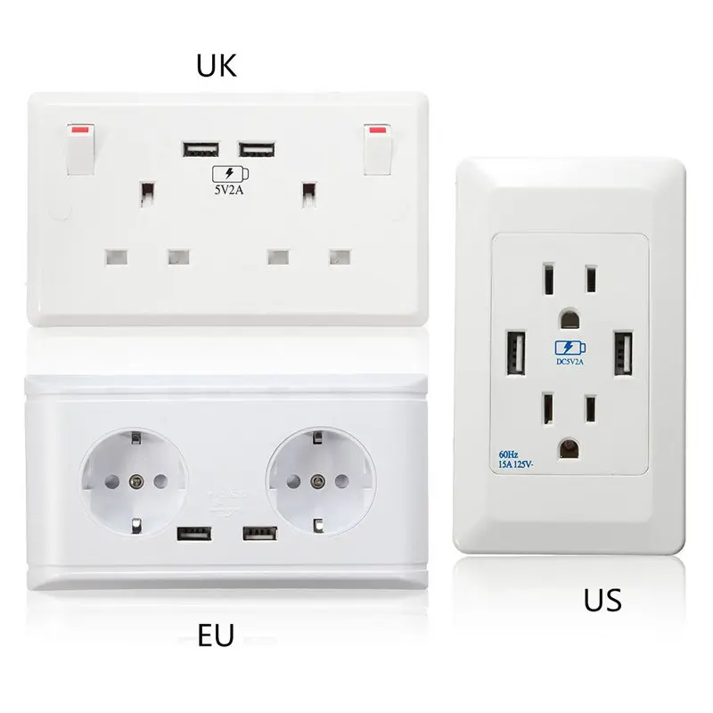 Universal UK/US/EU White Dual USB Double Wall Socket 5V 2A Charger For