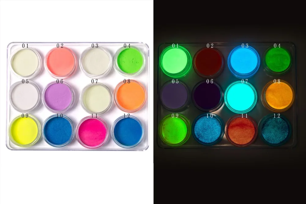 1 Box Luminous Nail Glitter Powder Neon Phosphor nail Dust Fluorescence pigment powder glow in the dark powder 12 Color
