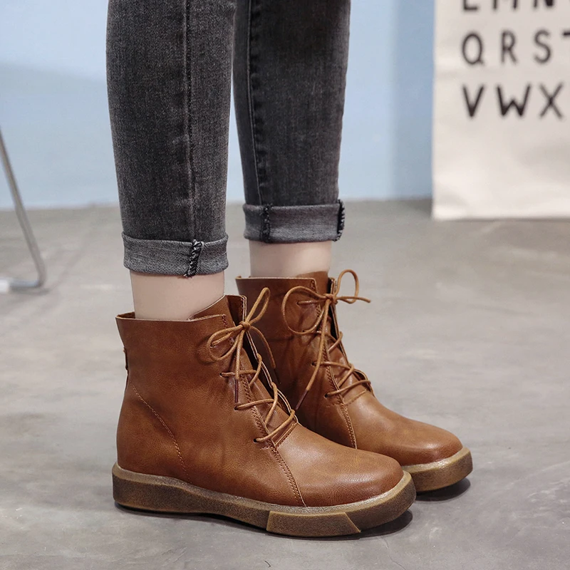 Goedkoop Lucyever Vintage Vrouwen Enkellaars Lace Up Zacht Lederen Schoenen Vrouwelijke Platform Platte Winter Boot Warme Vrouw Schoenen Zwart Bruin