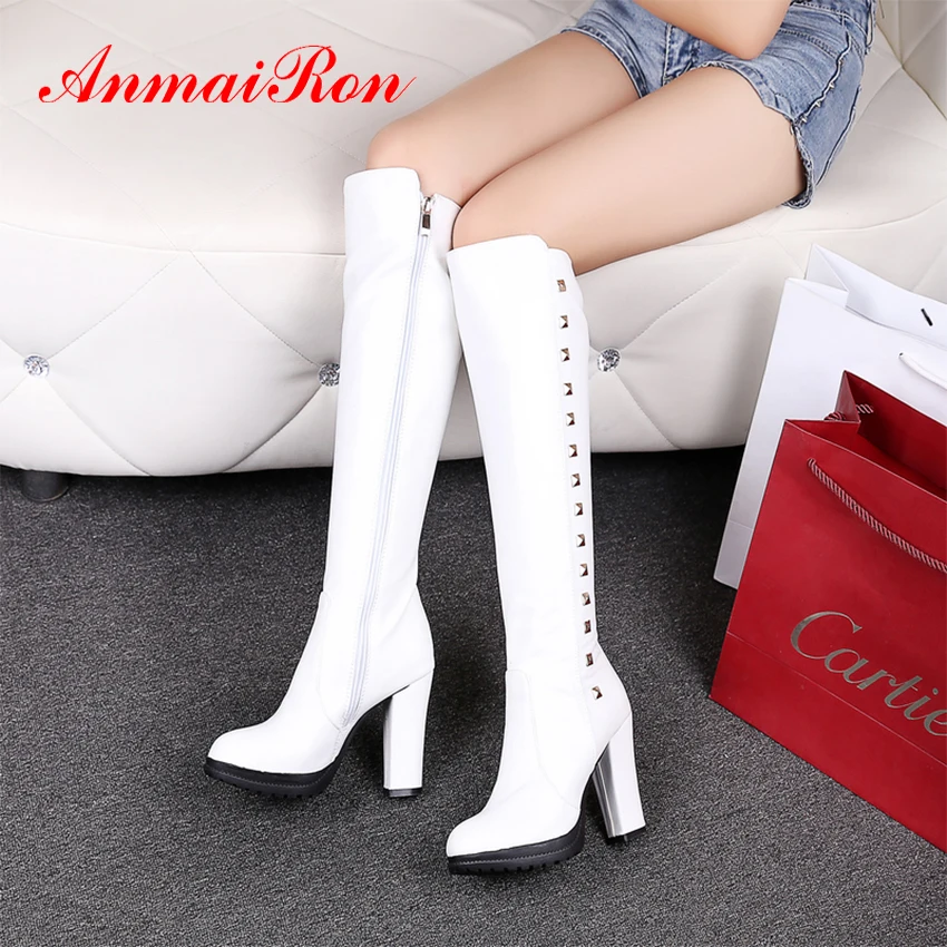 

ANMAIRON Knee High Womens Winter Fashion 2018 Rain Boots Ugged Women Leather Boots White BootsSquare Heel Zip Solid Snow Boots