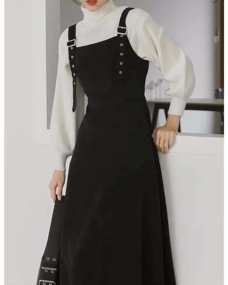 ICHOIX/зимнее платье; комплект из 2 предметов; вязаный свитер в Корейском стиле; ТРАПЕЦИЕВИДНОЕ студенческое повседневное длинное платье; комплект из 2 предметов; женская одежда; комплект из 2 предметов