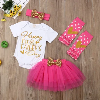 

2019 Hot Happy Father's Day Newborn Baby Girl Romper+Tutu Skirt+Leg Warmer 4Pcs Outfits