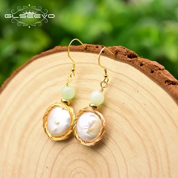 

GLSEEVO Flat Pearl Dangle Earring For Women 925 Sterling Silver Natural Fresh Water Pearl Jewelry Bijoux Femme GE0504