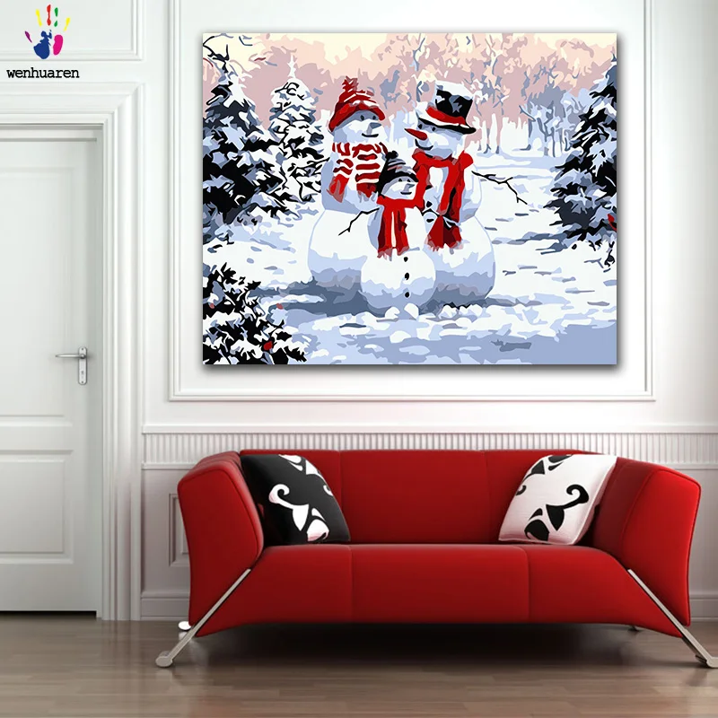 

DIY Coloring paint by numbers Red nose snowman family wearing hat figure paintings by numbers with kits 40x50 framed