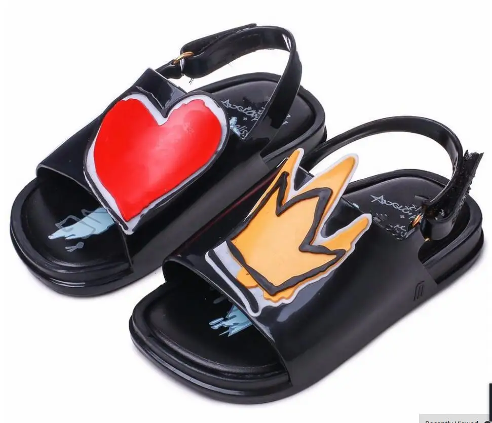 Melissa/Новая Летняя обувь; нескользящие мини-сандалии для детей; прозрачные сандалии для девочек с короной и красным сердцем; Sandalias - Цвет: Черный