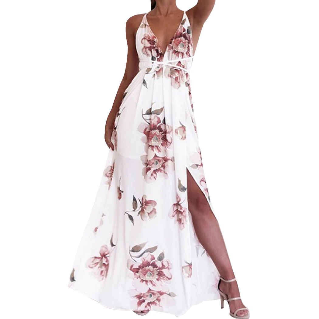 Deep V Neck Backless Floral Printed Maxi Dresses Deep V Neck Backless Floral Printed Maxi Dresses