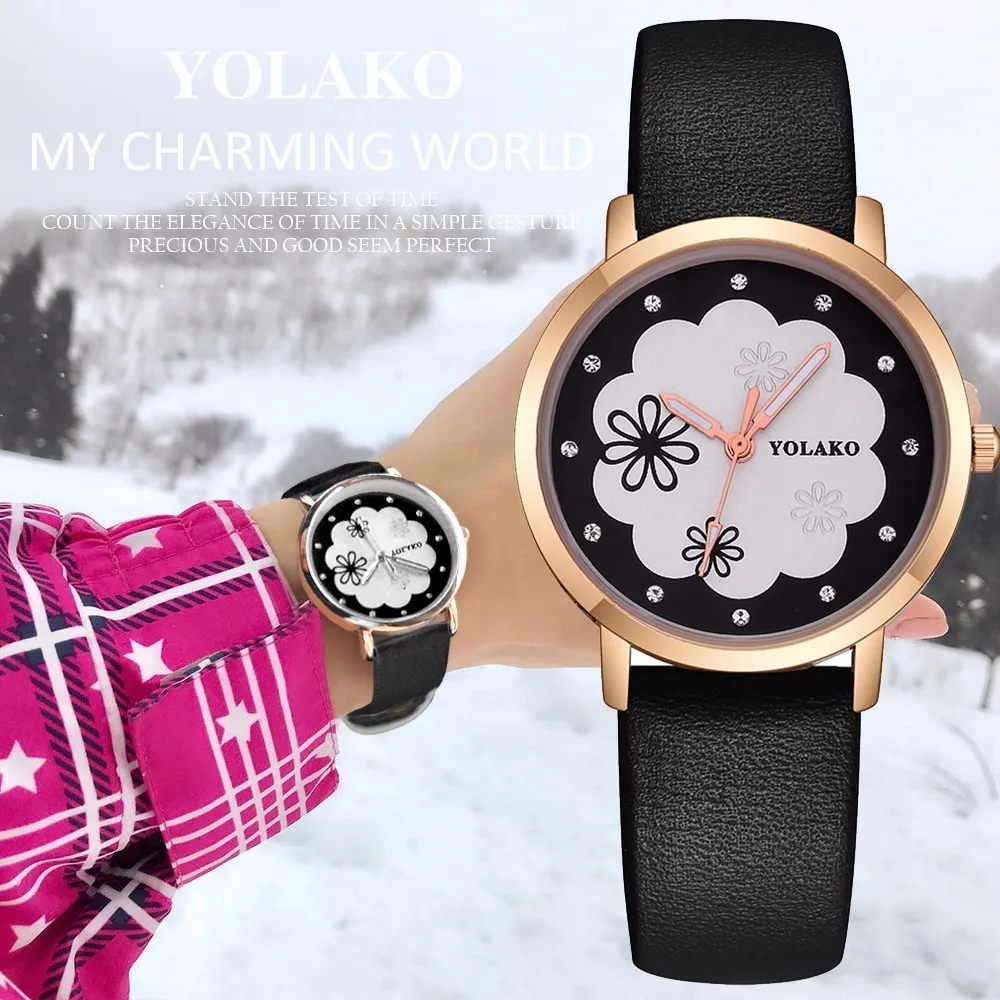 

YOLAKO Watches Fashion Women Flower Pattern Quartz Wristwatches Luxury Brand Rose Gold Leather Wrist Watches Relogio Feminino