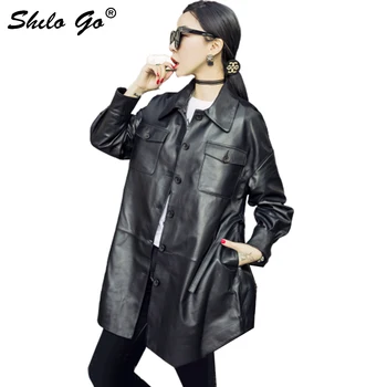 

Leather Jacket Womens Spring Fashion sheepskin genuine leather coat lapel collar single breasted front pocket Casual