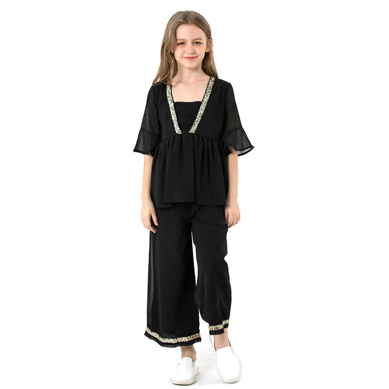 

Summer Loose Outfit Kids Girls Nine pants Elegant Two Piece Suit Spring Sports Suspenders Solid Flare Sleeve Soft Feeling