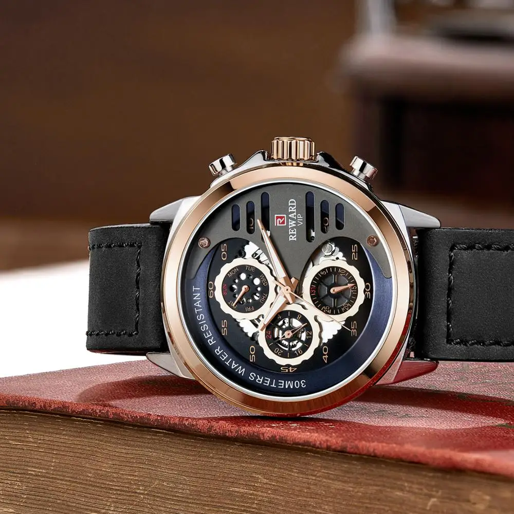 

REWARD Calendar Week 24-hours Leather Strap Japan Movement Nightlight Men Watch Top Luxury Brand Male Watches Men Fashion Gifts