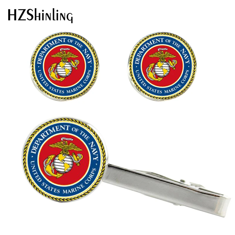 

2017 New Marines Tie Clip Air Force Logo Cufflink Silver Clips & Cufflinks Set Handmade Glass Cuff link Gifts Friends CT-0072
