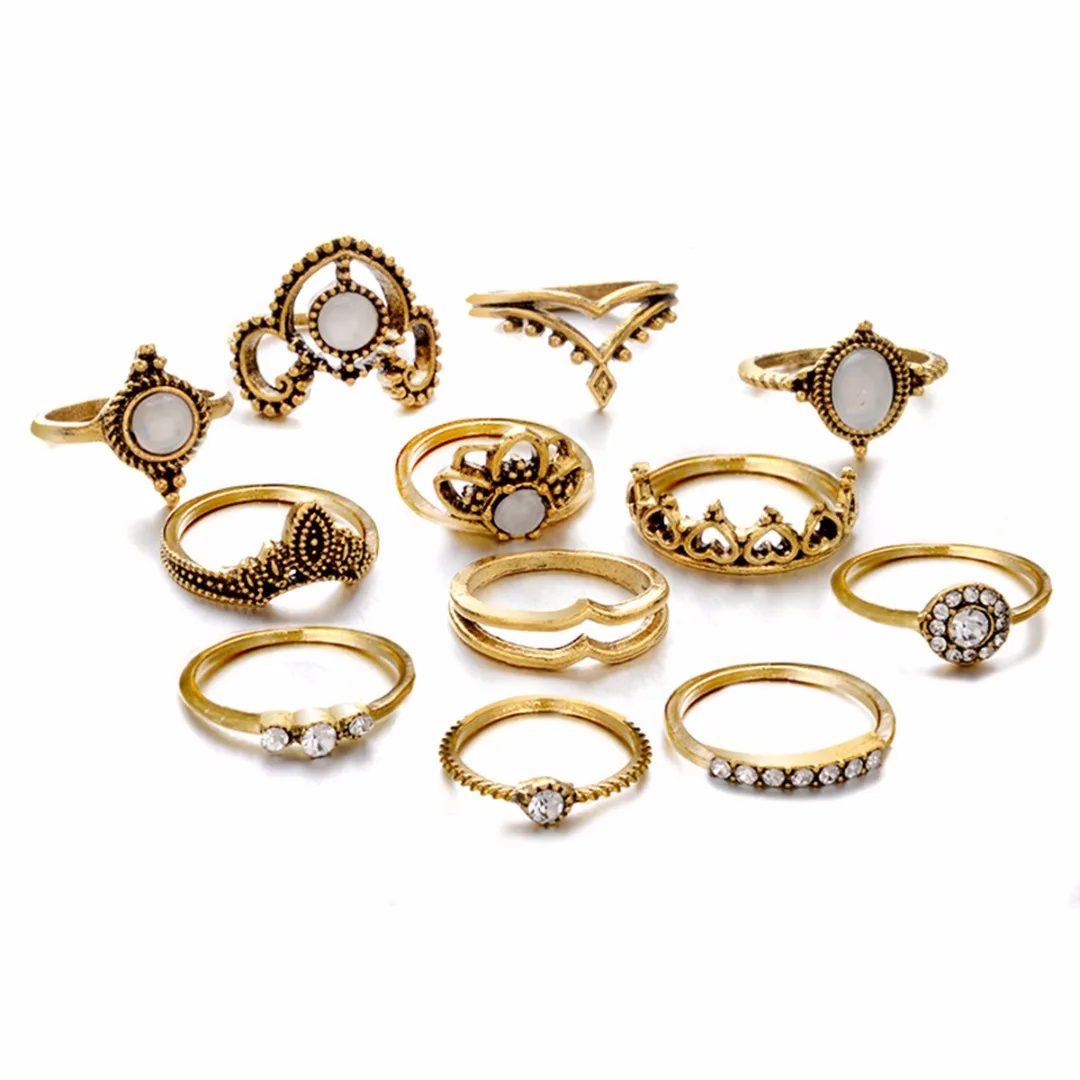 12pcs/set Vintage Crystal Opal Knuckle Ring Shellhard Crown Stone Midi Ring Sets  Punk Anillos Mujer Fashion Statement Jewellery
