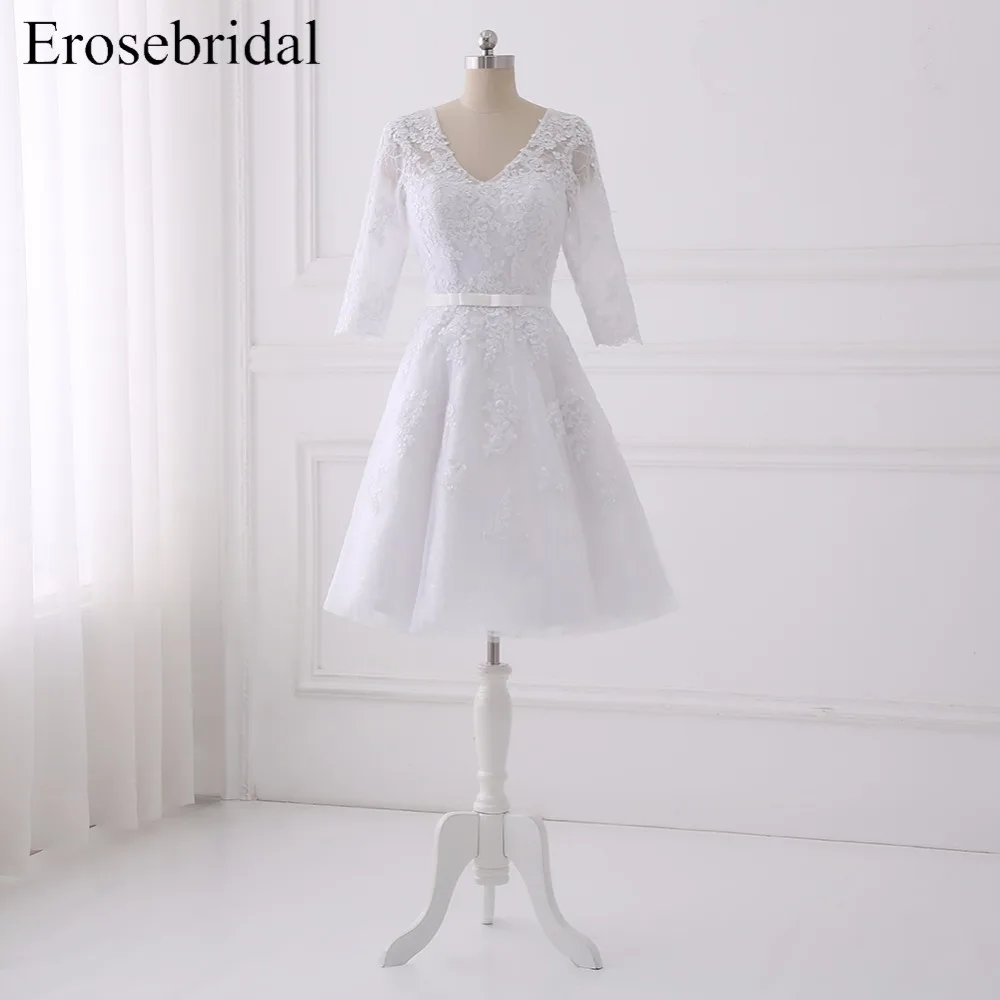 2018 короткая длина до колена свадебное платье es Erosebridal A Line пляжное свадебное платье кнопка назад элегантное с длинным рукавом Vestido De Noiva