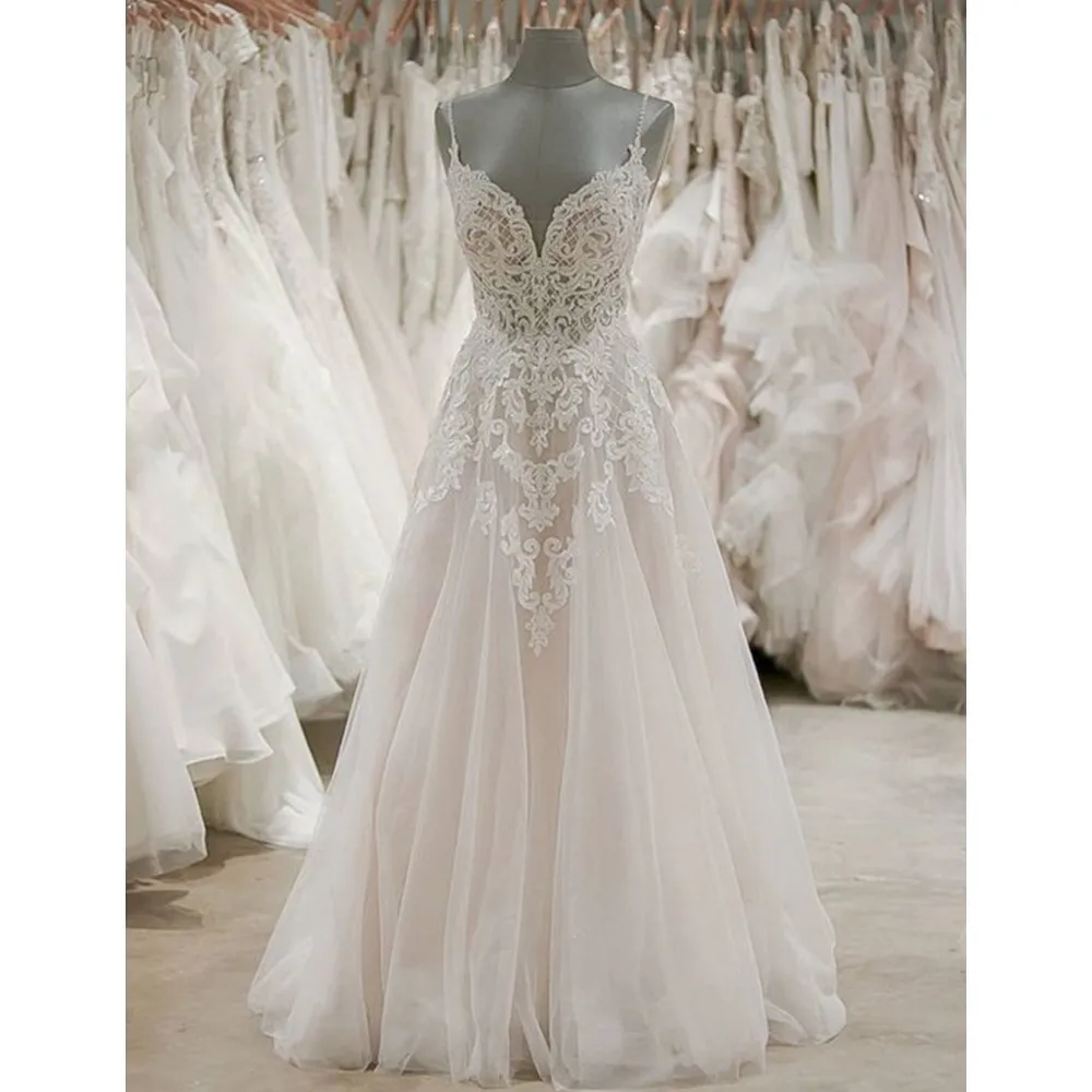 

2019 Graceful Lace Appliques Tulle Wedding Dress Backless Spaghetti Strap A Line Sweep Train Long Bridal Gowns Robe De Mariee