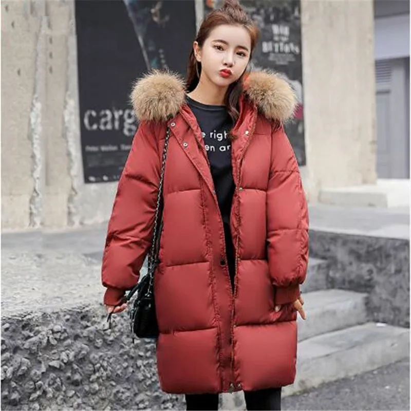 

2019 autumn winter Women ladies Fashion fur hoodie long Down jacket Cotton thick Parkas Female Long warm clothing coat