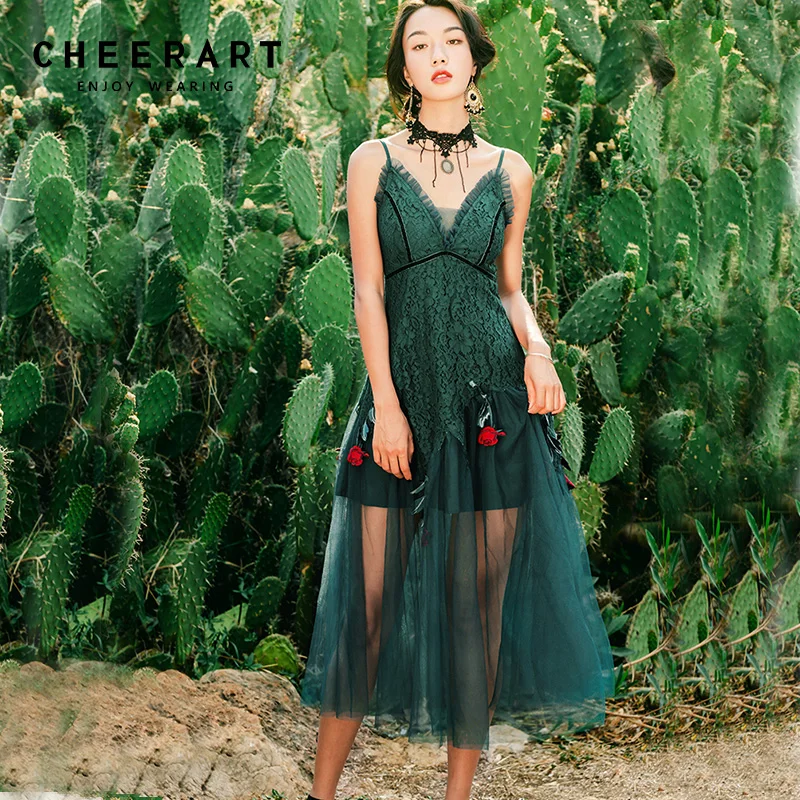 

Cheerart Green Lace Spaghetti Strap Party Dress Women V Neck Mesh Bodycon Long Midi Dress Summer Clothing