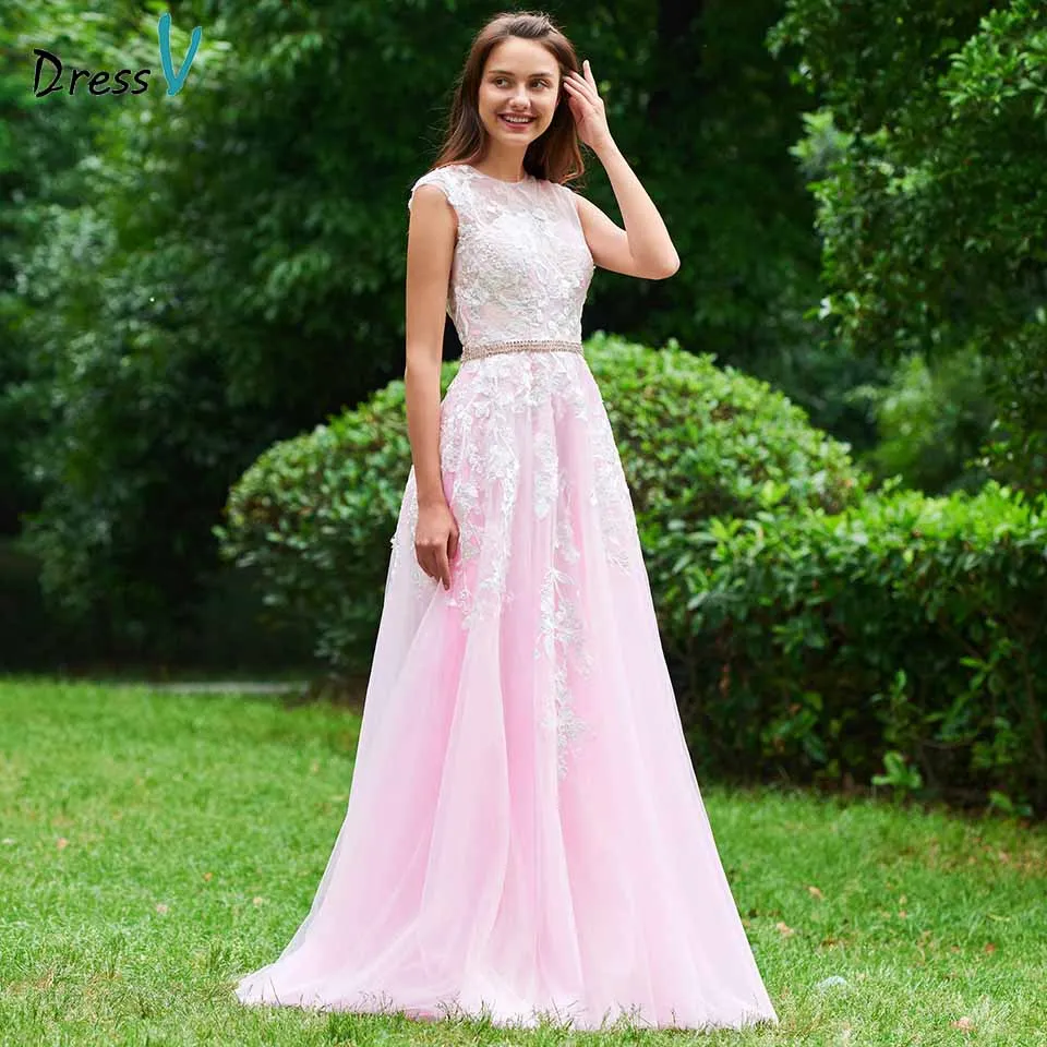 Dressv pink prom dress scoop neck a line sleeveless appliques button