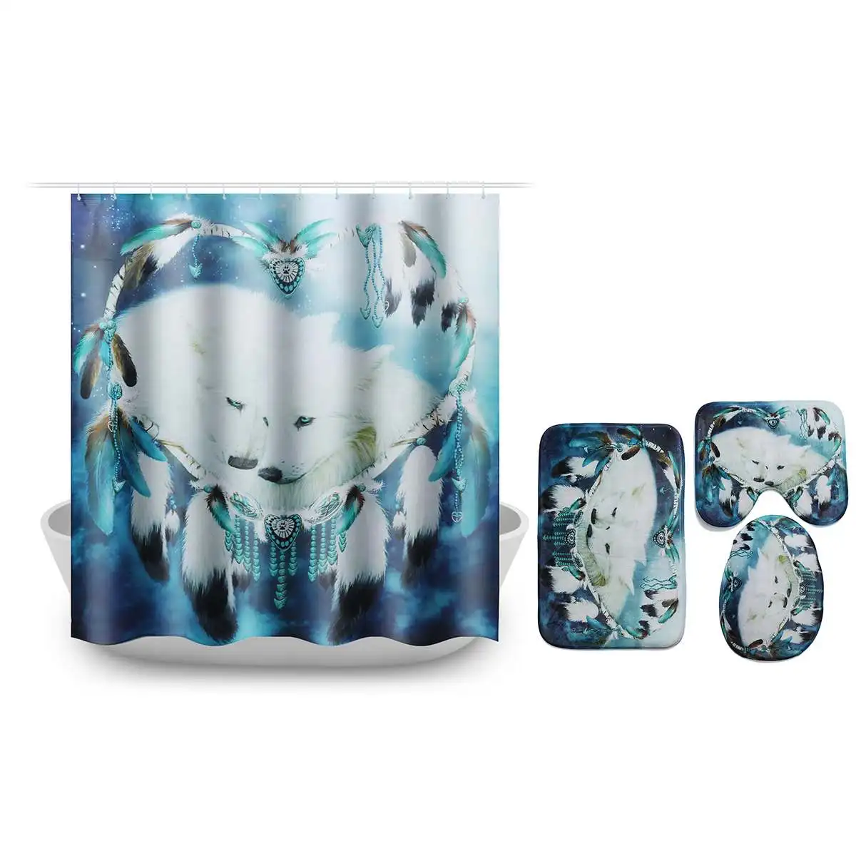 White Wolf 4Pcs 180x180 см Белый Волк Ловец снов глаза волка с 12 крючками занавеска для ванной комнаты коврик для туалета крышка ковер 1 шт./3 шт./4 шт. набор штор - Цвет: White Wolf 4Pcs