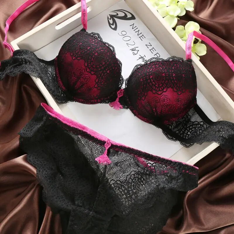 New Womens Underwear Set Japanese Bra Set Lace Sexy Undies Push Up Solid Color Complete Sets Of