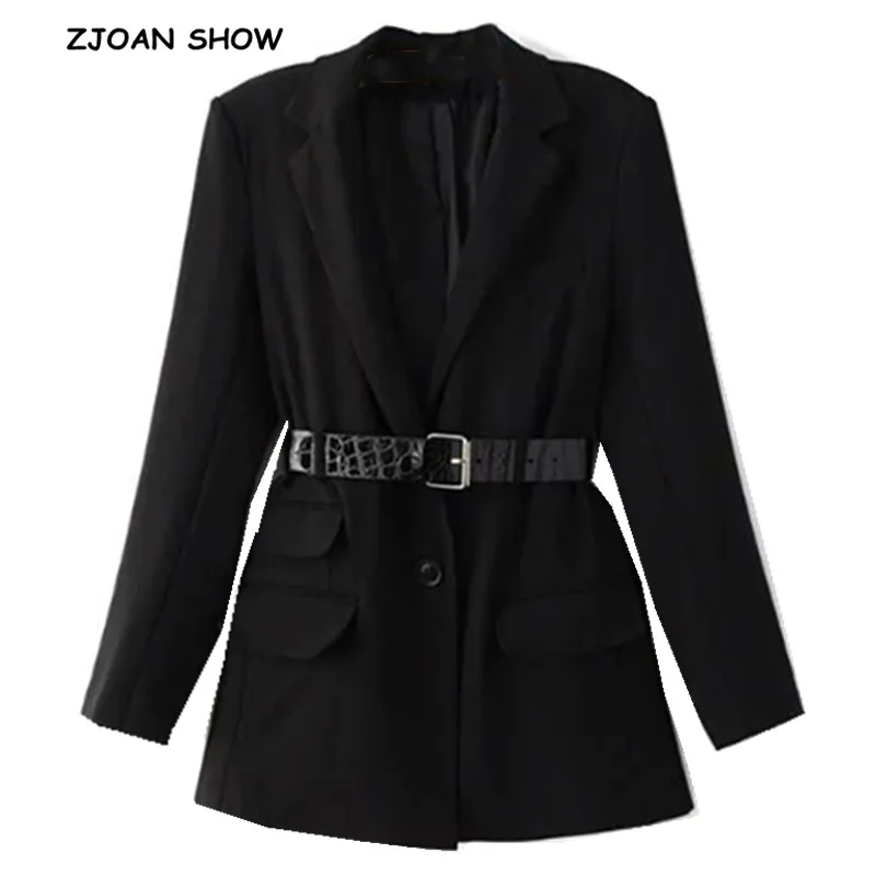 

Retro Notched Collar Iron Buckle Sashes Black Blazer 2019 New Woman Pockets With Belt Suit Casual Slim Jacket Coat Outerwear