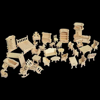 

Besegad 34Pcs/Set Kids 3D Mini Wooden Dollhouse Furniture Model Jigsaw Puzzle Board DIY Building Furnitures Model Toy