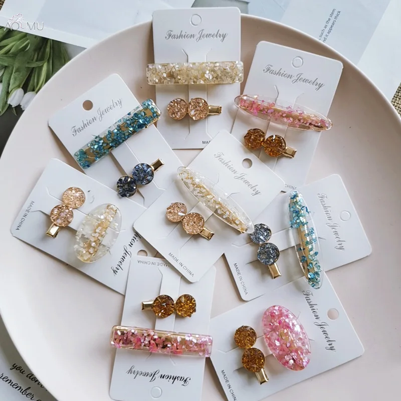 

AOMU 1SET Korea Acetic Acid Shell Hairpins Geometric Round Crystal Beads Hair Clips Women Transparent Sequin Hair Accessories