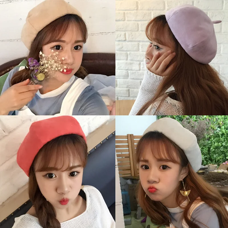 

Korean Version of The Cute Octagonal Hat Macarons Color Suede Painter Hats Leisure Wild Bud Pumpkin Cap Female Beret