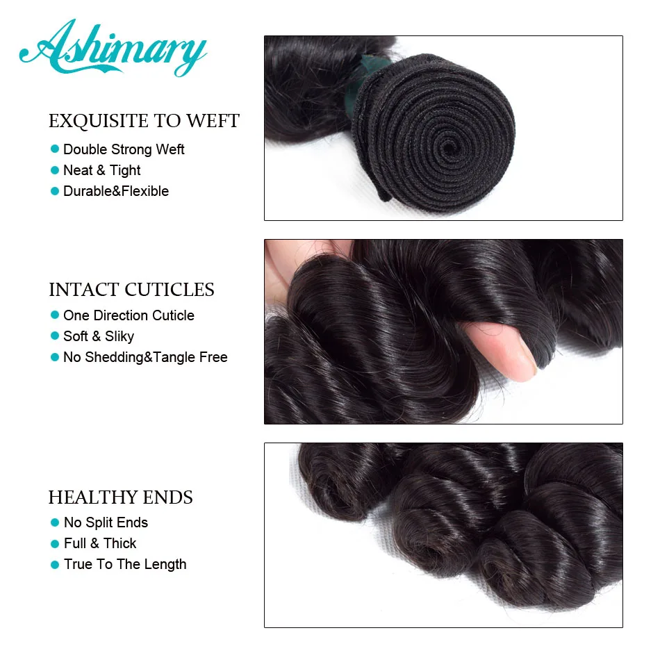 Ashimary Brazilian Loose Wave Hair 3 Bundles Deals 100% Human Hair Weave Bundles Non-Remy Extensions