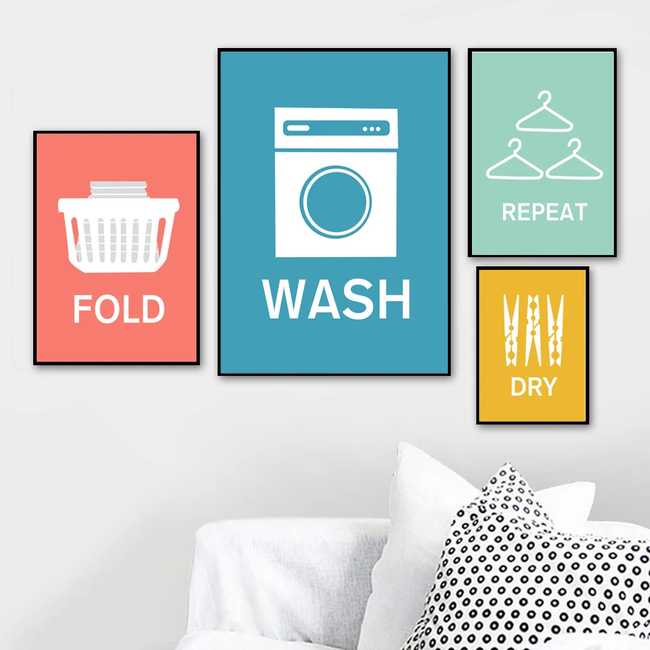 

Cartoon Wash Fold Repeat Dry Laundry Quotes Wall Art Canvas Painting Nordic Posters And Prints Wall Pictures For Washroom Decor