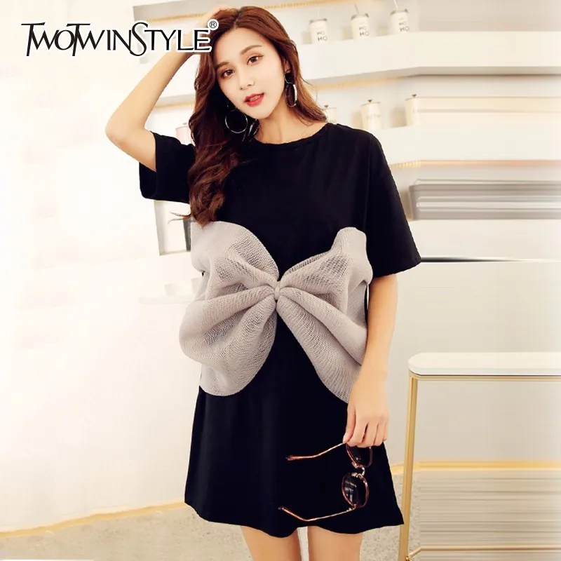 TWOTWINSTYLE футболка с бантом для женщин круглый вырез короткий рукав сетка пэчворк
