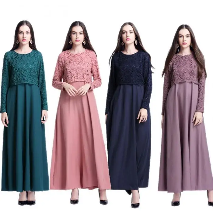 New Muslim Women Long Sleeve Maxi Dress Clothing Robe Moroccan New Muslim Women Long Sleeve Maxi Dress Clothing Robe Moroccan Fashion Lace False Two Piece Dresses Fs99