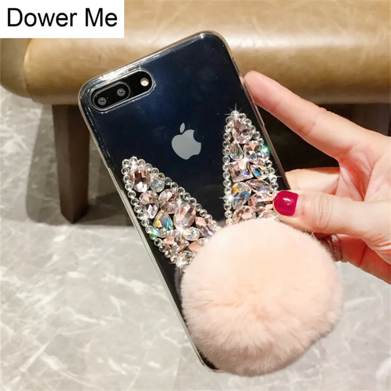 

Dower Me New Fashion Bling Crystal Diamond Ear Real Rabbit Fur Ball Soft Phone Case Cover For Iphone XS Max XR X 8 7 6 6S Plus