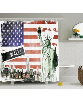

American Flag Shower Curtain Skyline Clouds Print For BathroomWaterproof And washable Fabric With Hooks