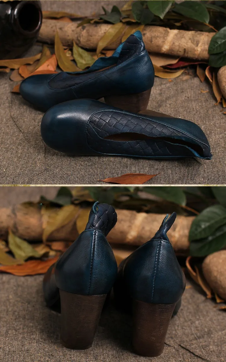 Г., обувь ручной работы в стиле ретро женские туфли-лодочки на не сужающемся книзу массивном каблуке Туфли с круглым носком на высоком каблуке из натуральной кожи