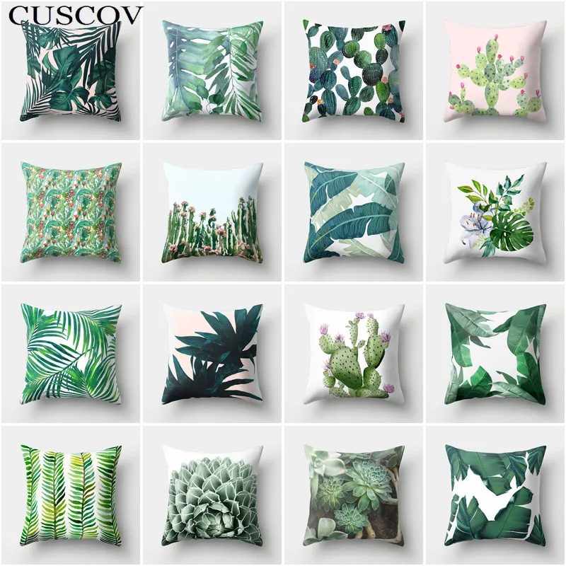 CUSCOV جديد الساخن بيع مصنع الورقة الخضراء البوليستر المخدة نبات استوائي المنزل الديكور أريكة وسادة غطاء الوسادة