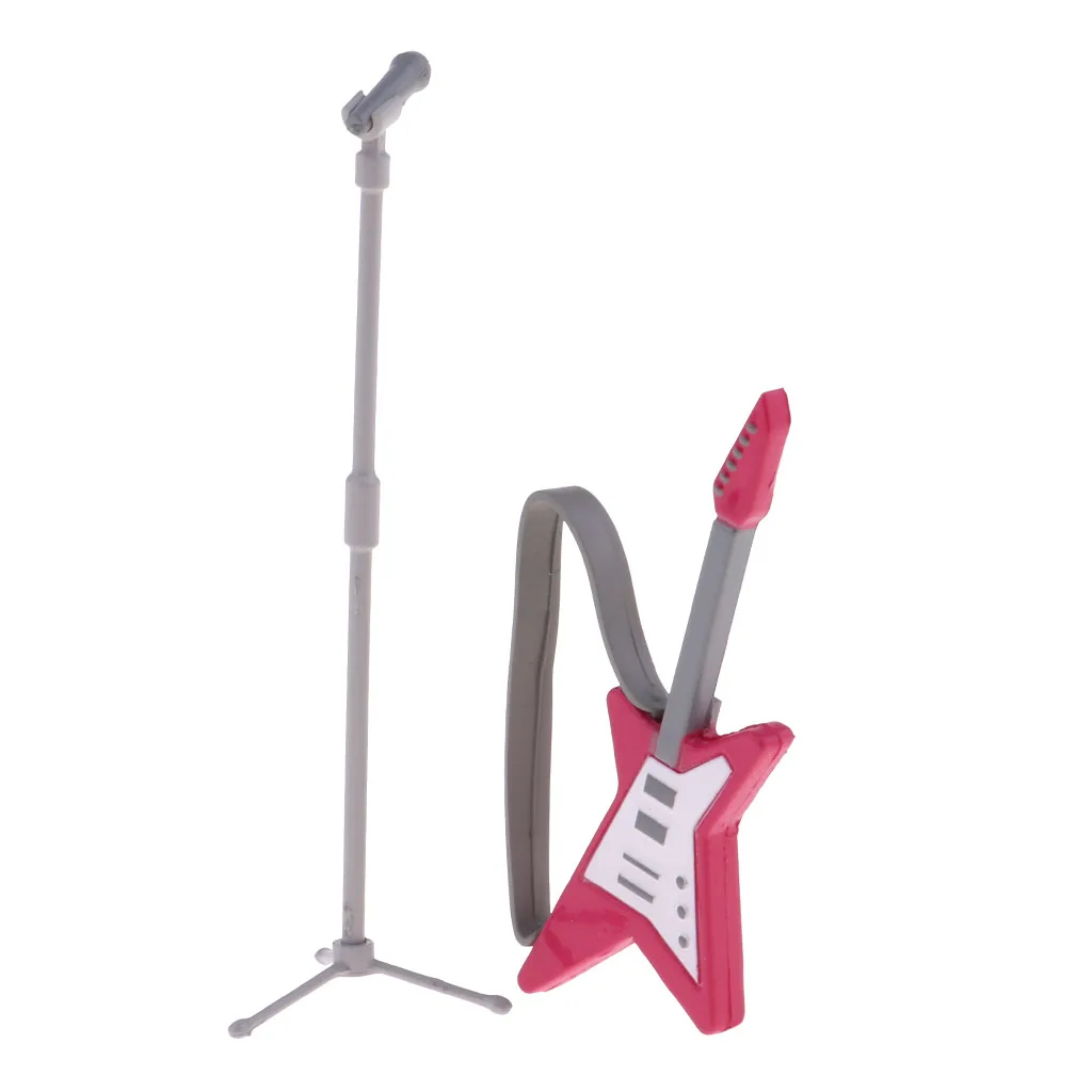 Dollhouse Miniature Guitar Microphone Model Vocal Concert Set Kids Pretend Play Furniture Model Mini Figures Accessories