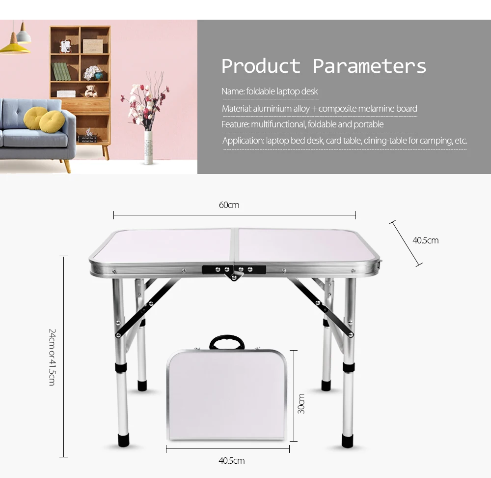 Aluminum Folding Camping Table Laptop Bed Desk Adjustable Height 60 x 40.5 x 24 / 41.5cm 