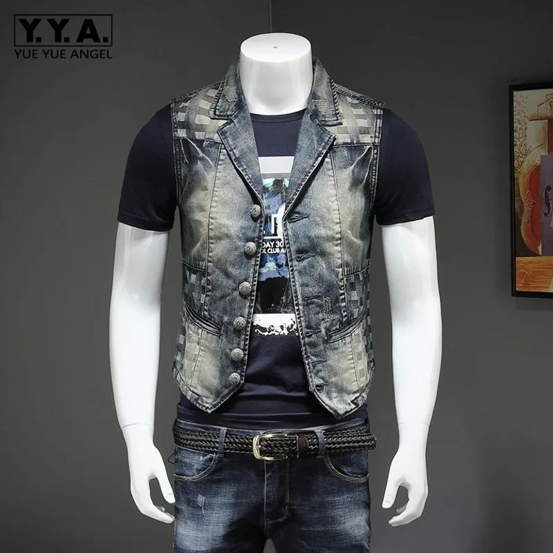 

Vintage Jean Jacket Mens Single Breasted Denim Vest Jeans Waistcoat England Style Brand Cowboy Embroidery Sleeveless Jacket 3XL