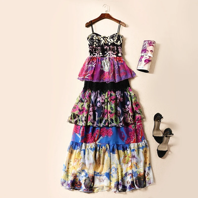 

High quality runway designer women dresses 2018 bohemian floral printed strapless lace chiffon patchwork maxi layer dress