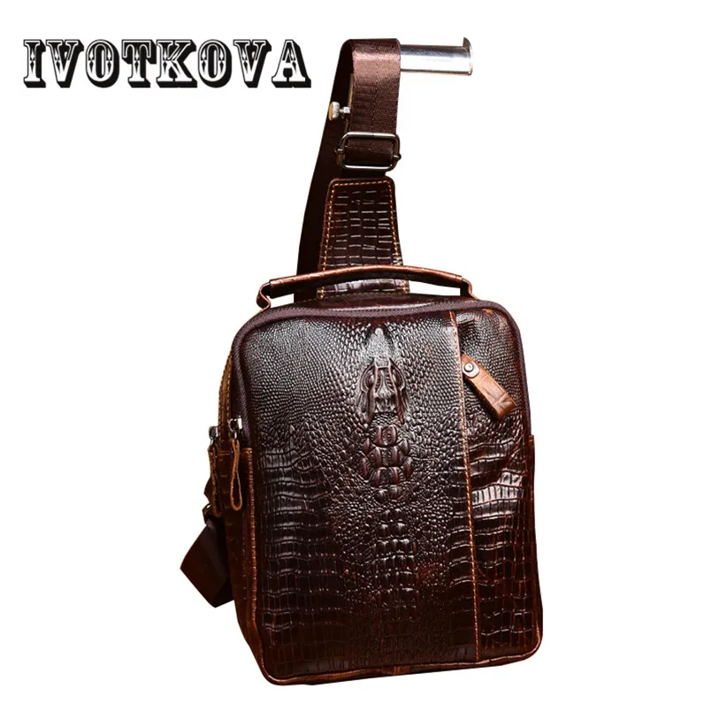 

IVOTKOVA New Retro Genuine Leather Men Chest Bag Pack Crocodile Crossbody Shoulder Messenger Sling Bag Travel Bags Drop Shiping