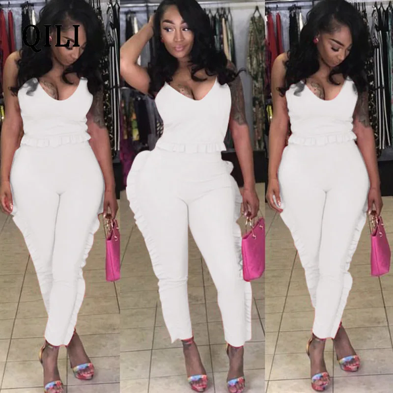 QILI Women Ruffles Jumpsuits Romper Summer Sleeveless Two Piece Set Casual Jumpsuit Woman Fashion Street Wear White Black Red